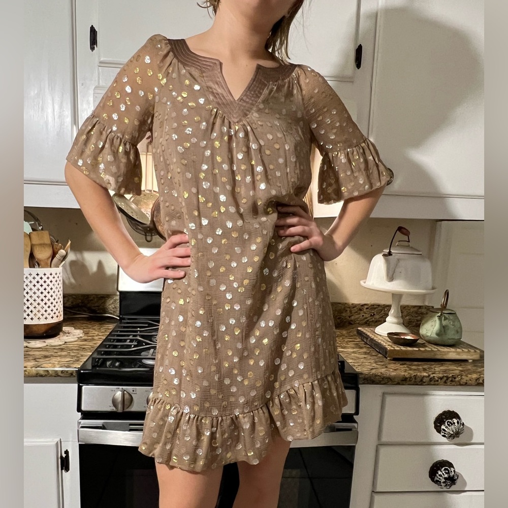 Rebecca Taylor Taupe Dress with Gold & Silver Dot Print